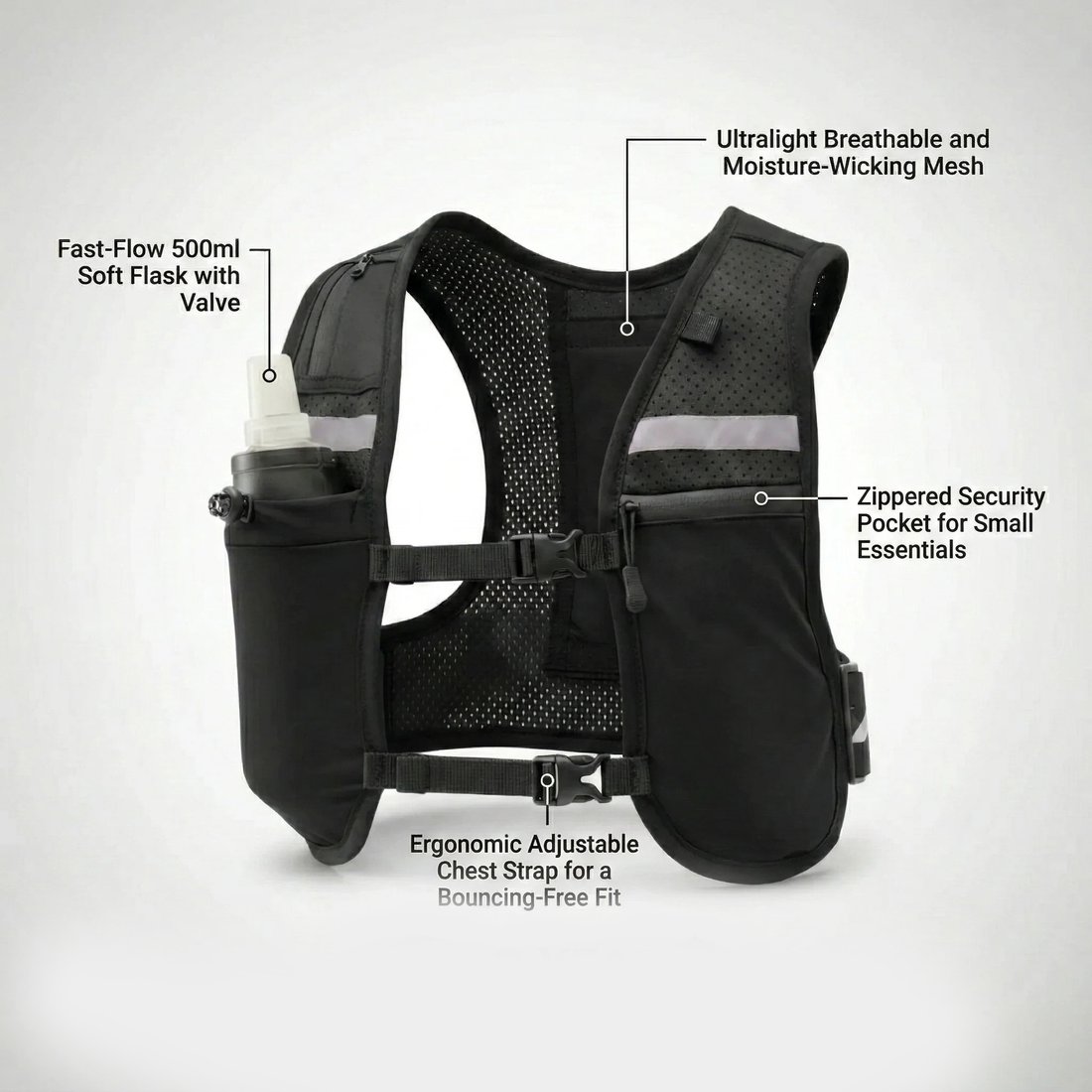 Trailbound 12L Hydration Vest with feature callouts: breathable mesh, fast-flow soft flask, zippered security pocket, adjustable chest strap